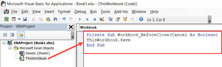 Sao chép và dán mã VBA vào cửa sổ ThisWorkbook để tự động lưu khi đóng