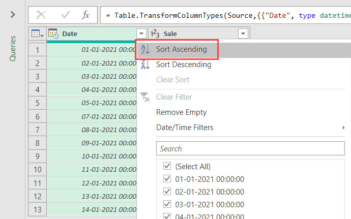 Sắp xếp dữ liệu ngày tháng theo thứ tự tăng dần