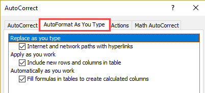 Select Autoformat as you type tab