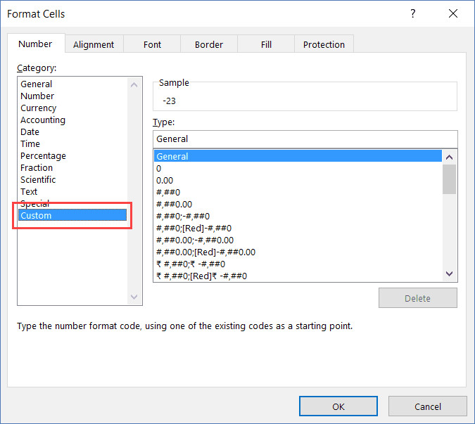 Select Custom in Format Cells dialog box