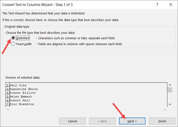 Select Delimited in Step 1