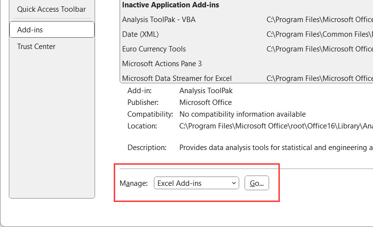 Select Excel Add-in in Manage