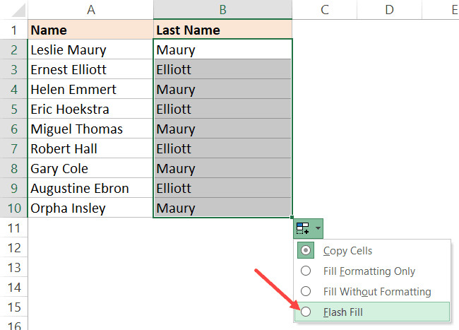Select Flash Fill option to get all the last names