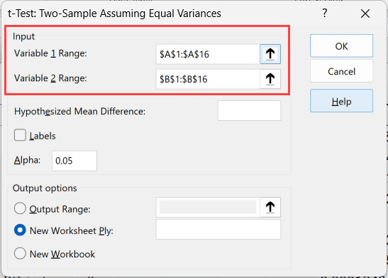 Select ranges for Variable 1 and Variable 2