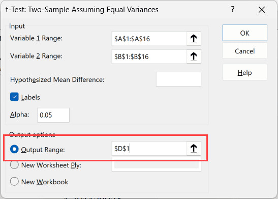 Select the output location in the sheet