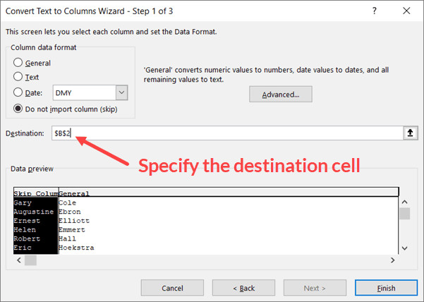 Specify the destination cells for text to columns resulting data