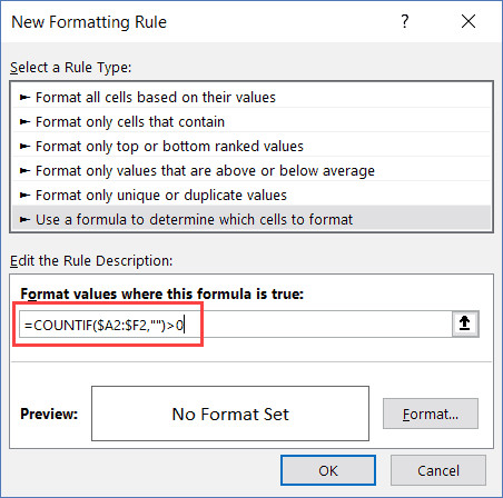Sử dụng Countif để đếm dòng trống