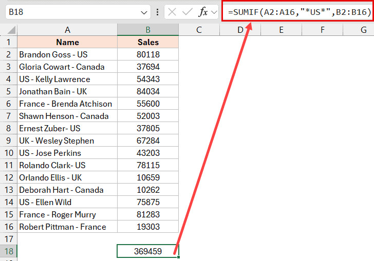 Sử dụng hai dấu sao trong công thức SUMIF để tìm kiếm văn bản nằm giữa ô