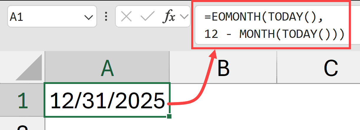 Sử dụng hàm EOMONTH để tính toán ngày cuối cùng của năm hiện tại