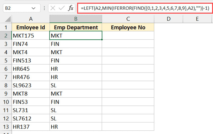 Sử dụng hàm LEFT kết hợp FIND và MIN để tách chữ