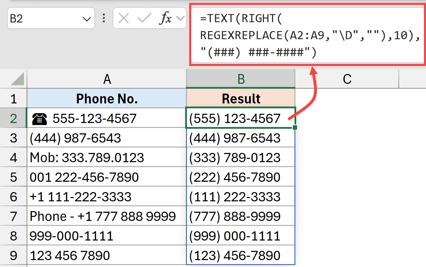 Sử dụng hàm REGEXREPLACE để loại bỏ ký tự không phải số