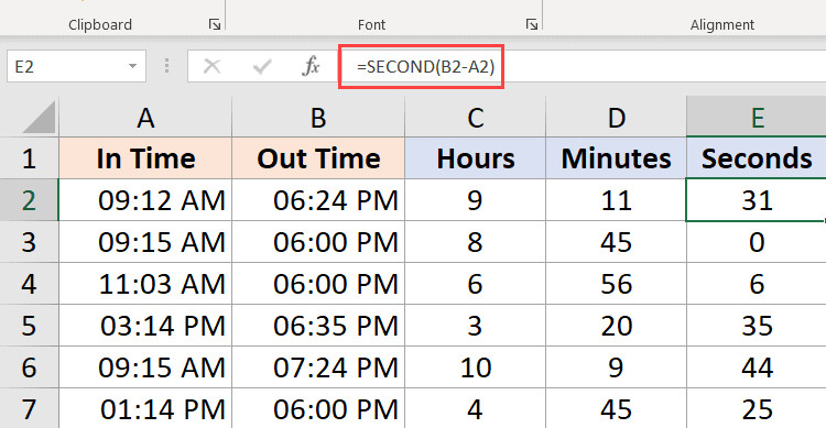 Sử dụng hàm SECOND