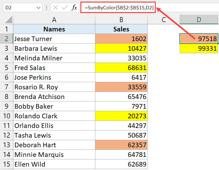 Sử dụng hàm SumByColor trong bảng tính để tính tổng theo màu mẫu