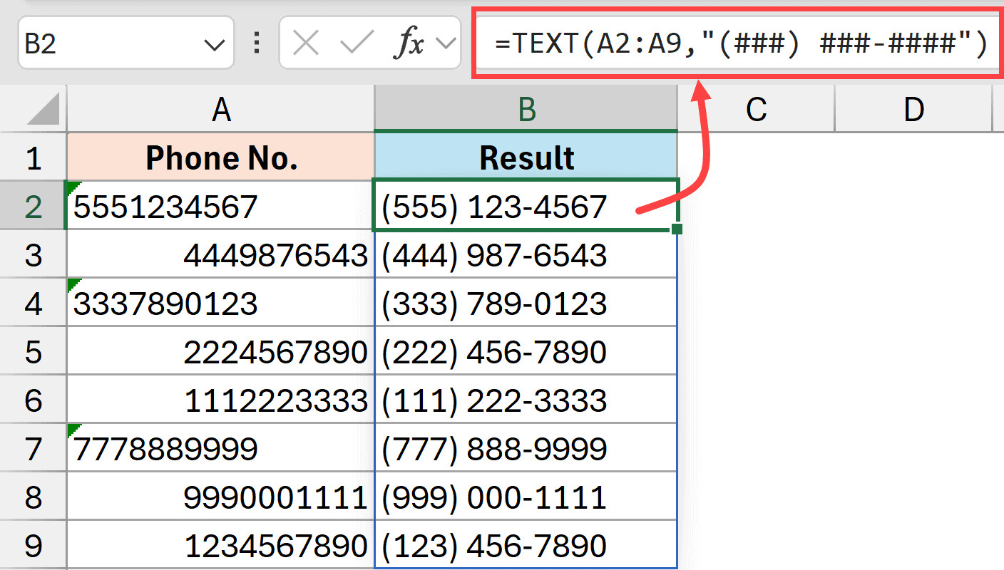 Sử dụng hàm TEXT để định dạng số điện thoại đang lưu dưới dạng văn bản