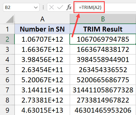 Sử dụng hàm TRIM để hiển thị số lớn