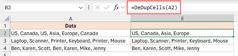 Sử dụng hàm tự tạo DeDupCells trong bảng tính Excel