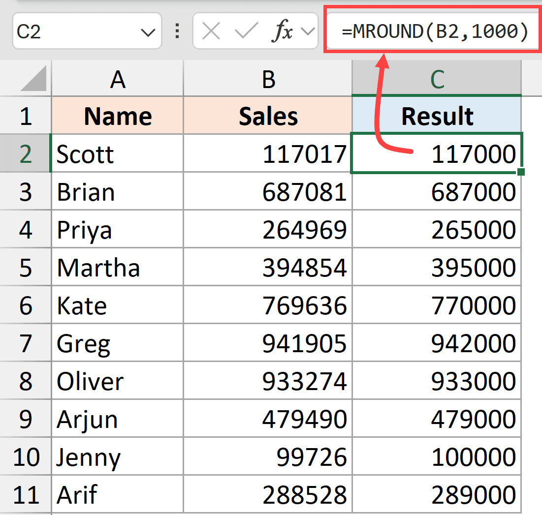 Sử dụng MROUND để làm tròn theo bội số 1000