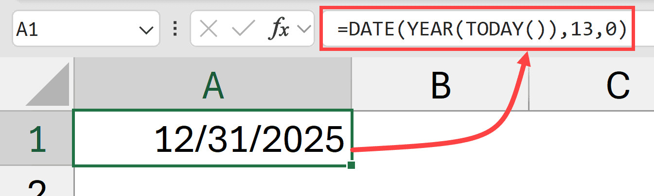 Sử dụng thủ thuật Ngày 0 với tham số tháng là 13 để tìm ngày cuối năm