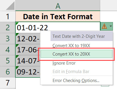 Sử dụng tính năng Error Checking để sửa lỗi năm 2 chữ số