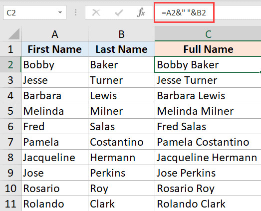 Sử dụng toán tử và để gộp cột tên và cột họ trong Excel