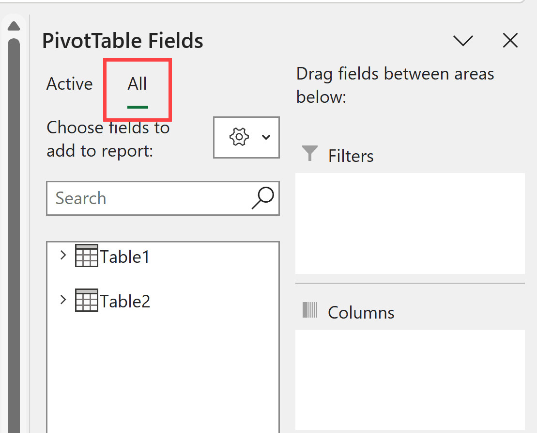 Tab All trong PivotTable Fields hiển thị tất cả các bảng dữ liệu đã kết nối
