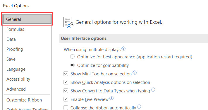Tab General trong hộp thoại Excel Options