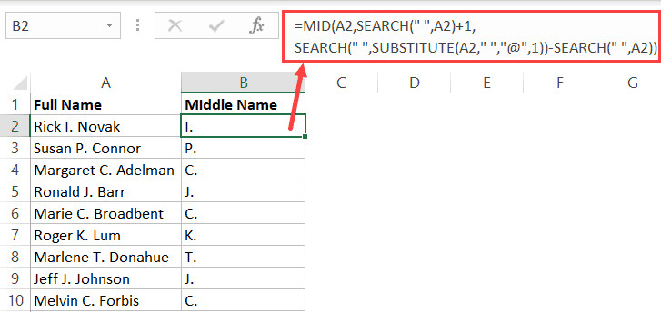 Tách tên đệm từ tên đầy đủ bằng hàm MID