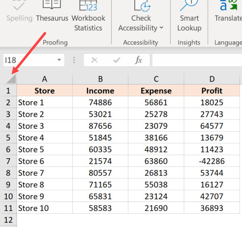 Tam giác xám ở góc trái để chọn toàn bộ bảng tính