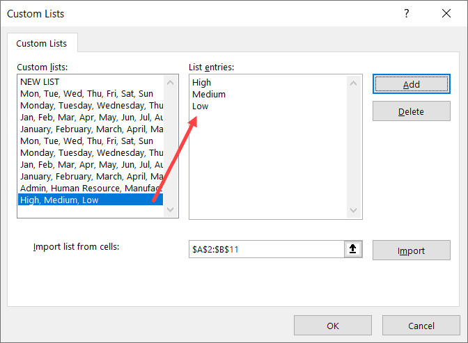 Tạo danh sách tùy chỉnh High Medium Low