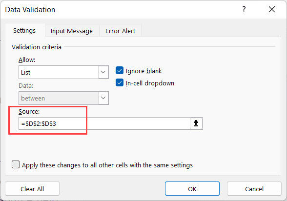 Tham chiếu ô D2 đến D3 được nhập vào trường Source