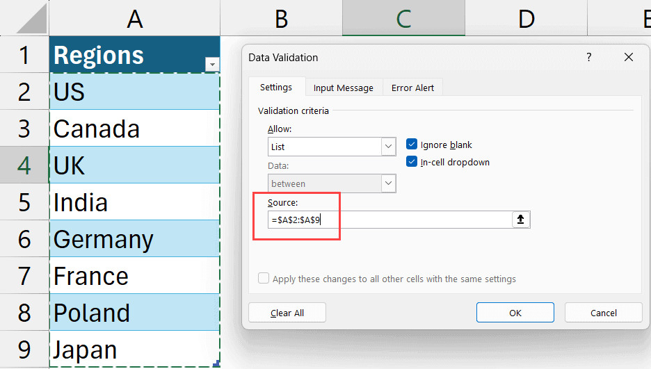 Tham chiếu trực tiếp các ô trong bảng vào Data validation