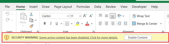 Thanh cảnh báo bảo mật màu vàng yêu cầu bật macro trong Excel