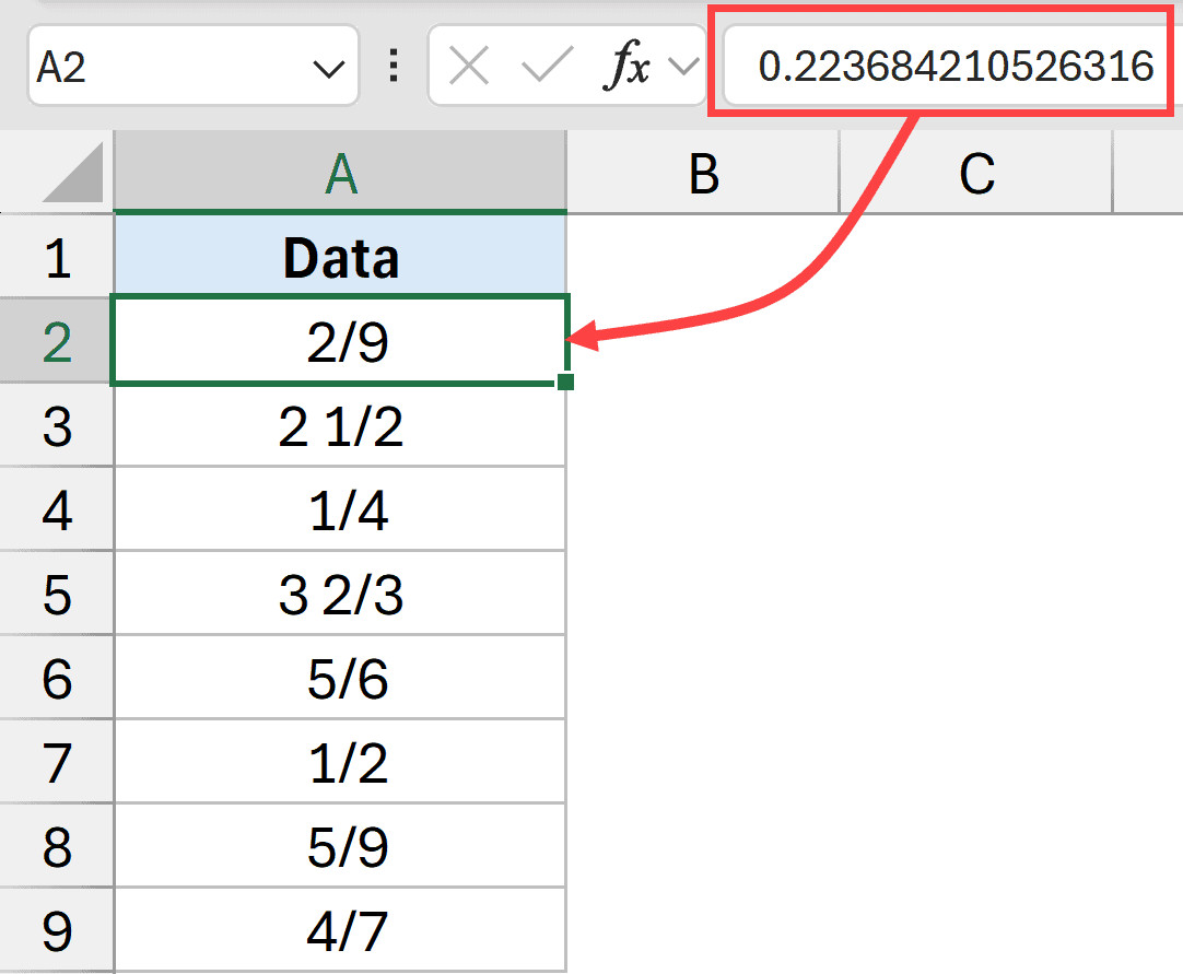 Thanh công thức hiển thị giá trị thập phân thực tế của ô