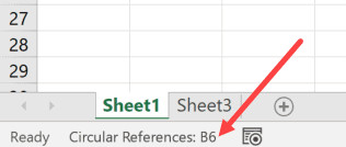 Thanh trạng thái Status Bar hiển thị cảnh báo Circular Reference kèm địa chỉ ô cụ thể
