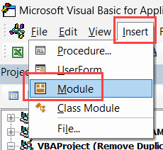 Thao tác chèn Module mới trong cửa sổ VBA Editor