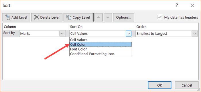 Thao tác chọn Cell Color trong hộp thoại Sort của Excel