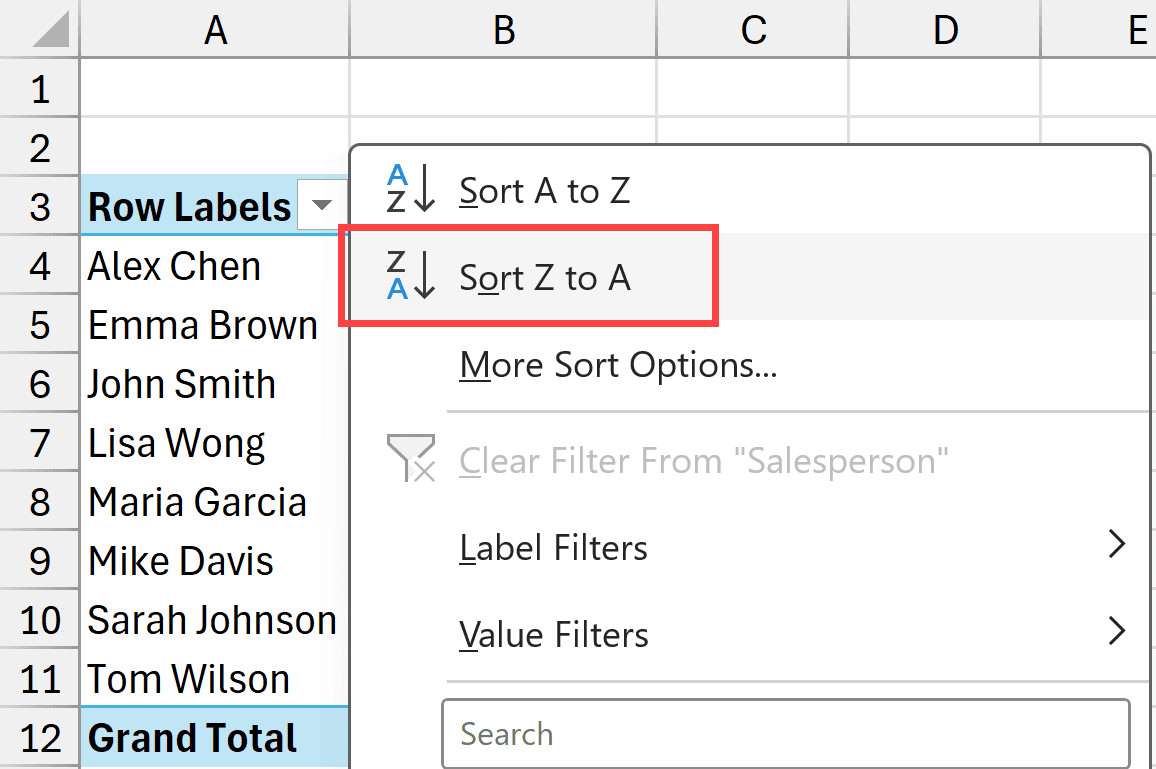 Thao tác chọn Sort Z to A trong menu thả xuống của Pivot Table
