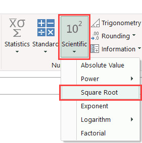 Thao tác chọn Square Root trong Power Query