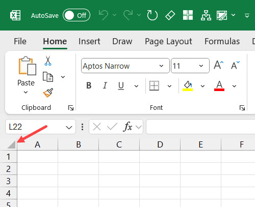Thao tác chọn toàn bộ bảng tính bằng cách nhấn vào góc trái trên cùng