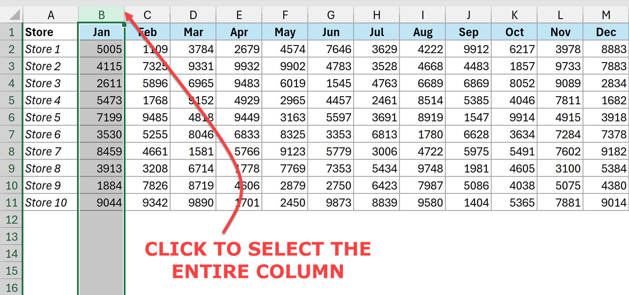 Thao tác chọn toàn bộ cột đầu tiên bằng cách click vào tiêu đề