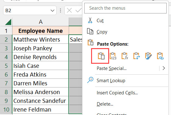 Thao tác dán đè lên vùng dữ liệu chứa danh sách thả xuống