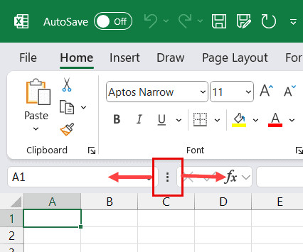 Thao tác thay đổi kích thước Name Box bằng cách kéo thả chuột