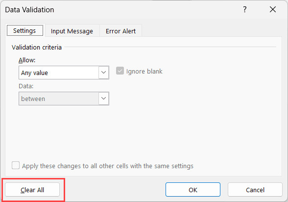 Thao tác xóa toàn bộ quy tắc Data Validation trong bảng tính