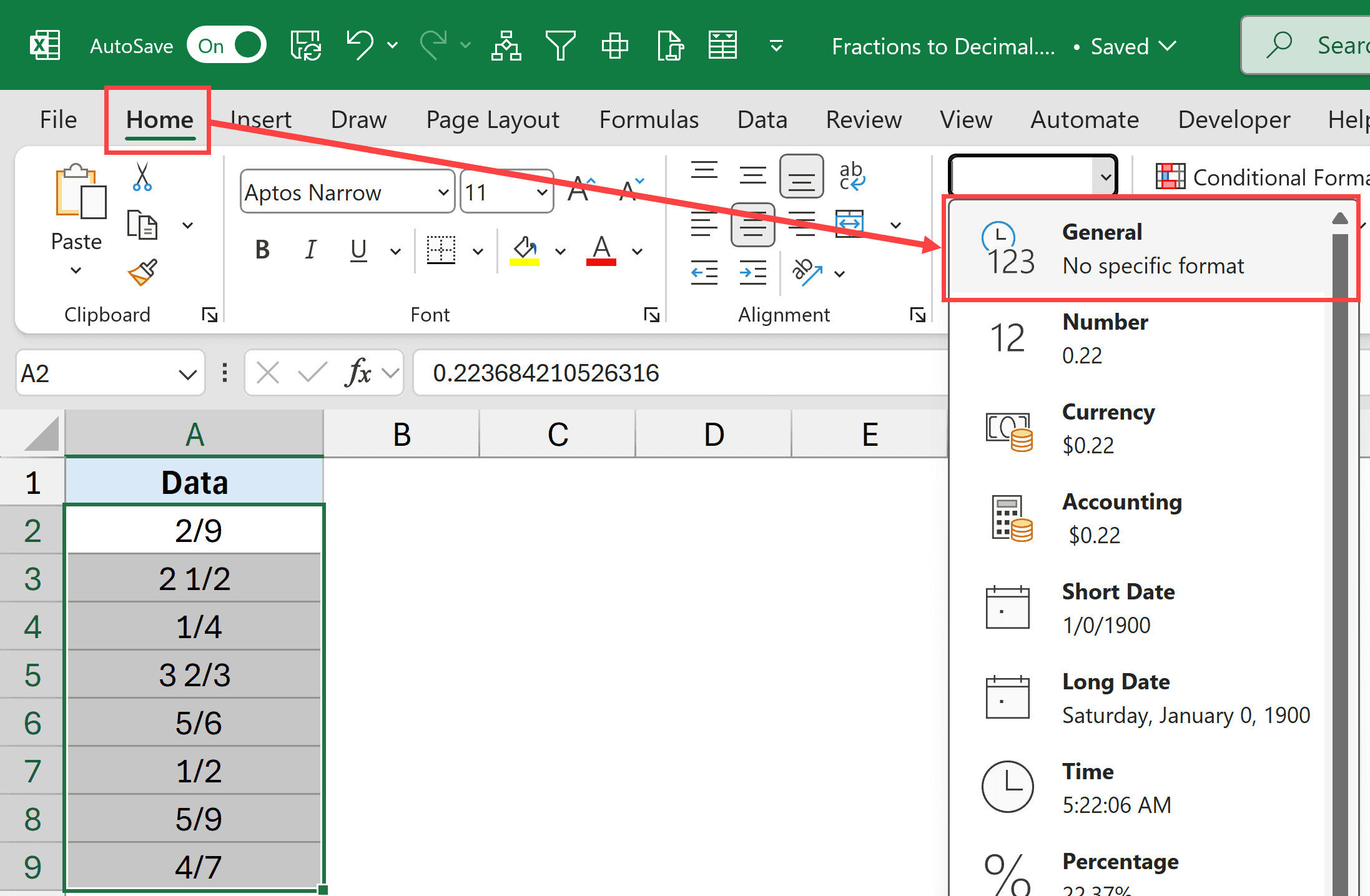 Thay đổi định dạng ô sang General trong thẻ Home