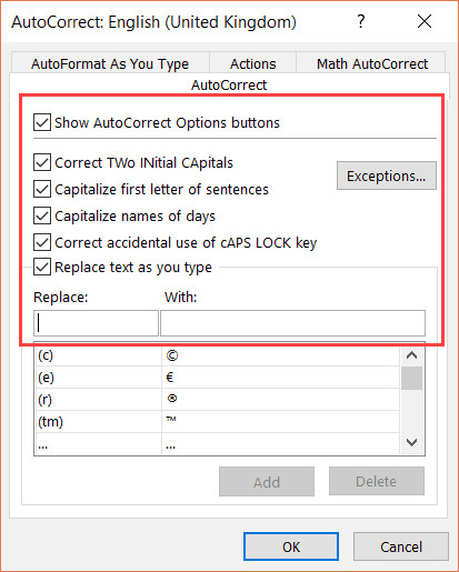 Thẻ Autocorrect với các tùy chọn mặc định