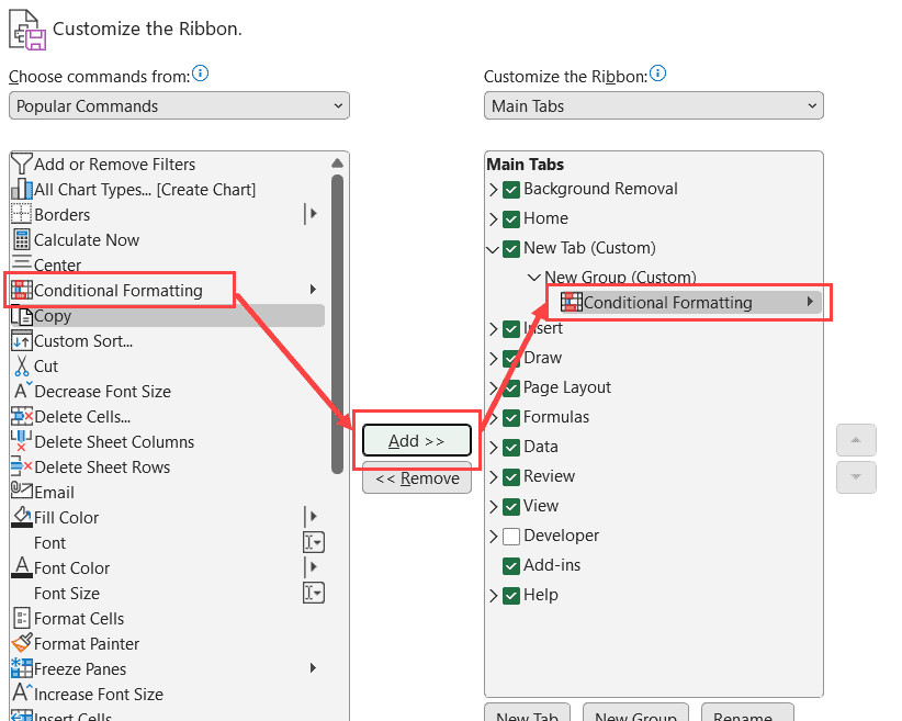 Thêm lệnh vào Group trong Tab mới
