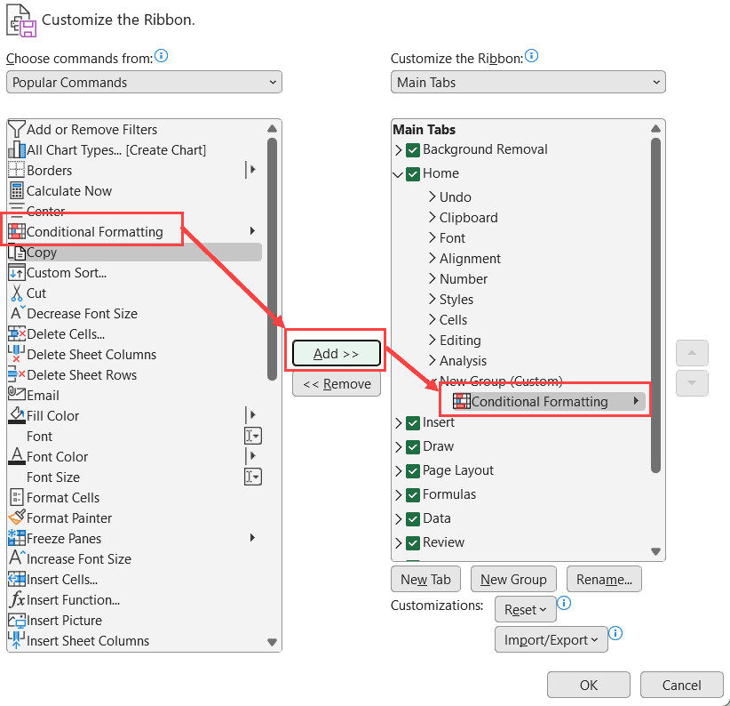 Thêm lệnh vào Group tùy chỉnh vừa tạo