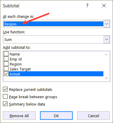 Thiết lập các thông số trong hộp thoại Subtotal