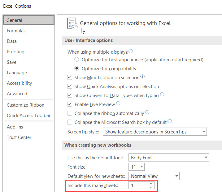 Thiết lập số lượng sheet mặc định khi tạo file mới