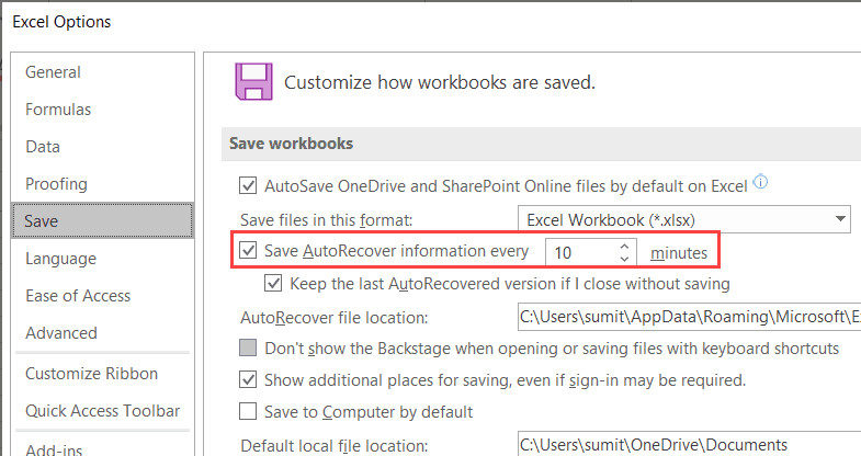 Thiết lập thời gian tự động lưu thông tin khôi phục mỗi 10 phút